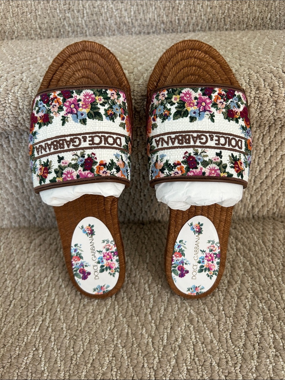 Dolce & Gabbana Floral Logo Slide Sandals - Brown & Multicolor